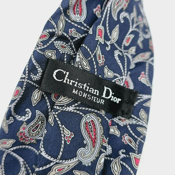 Christian Dior Tie Blue Pink Grey Paisley Print USA Made All Silk Designer Gift - Picture 2 of 8